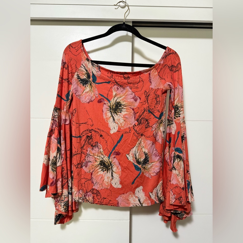 We The Free Floral Bell Sleeve Blouse - Coral